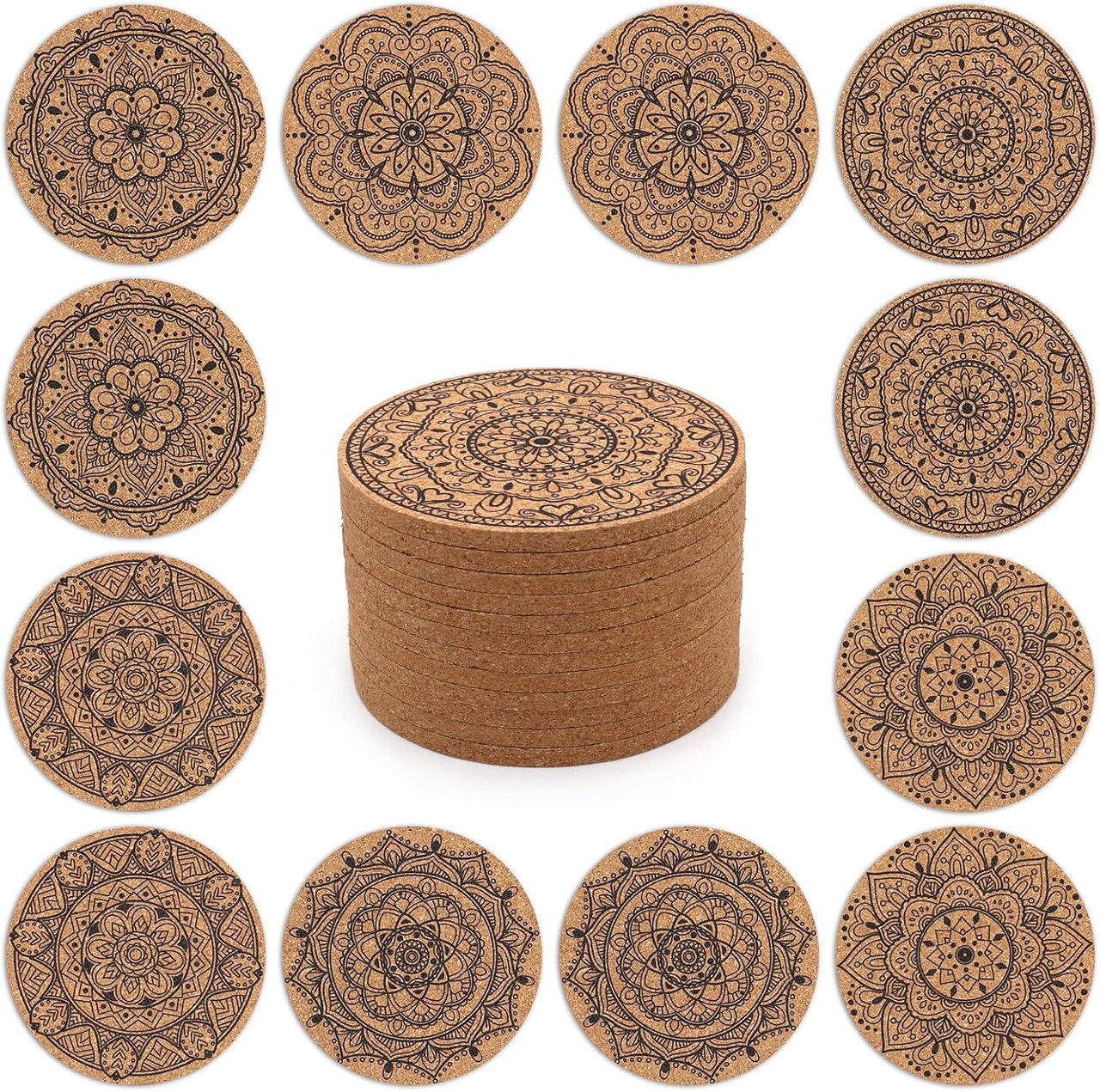 Coasters for Drinks 12 pcs Absorbent Cork Coasters with Flower Pattern Housewarming Gifts for New Home Present for Friends, Living Room Decor, Apartment Decor